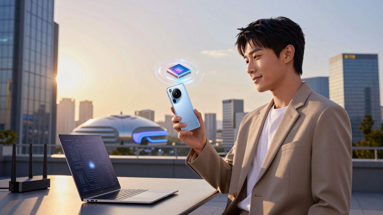 Homem ao ar livre segurando celular azul, olhando para chip flutuante digital próximo a laptop em mesa.