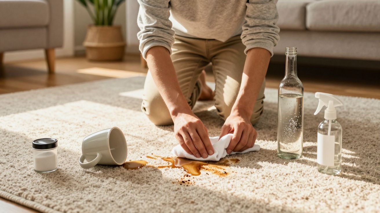 Pessoa limpando líquido derramado em tapete claro com pano branco no chão da sala.