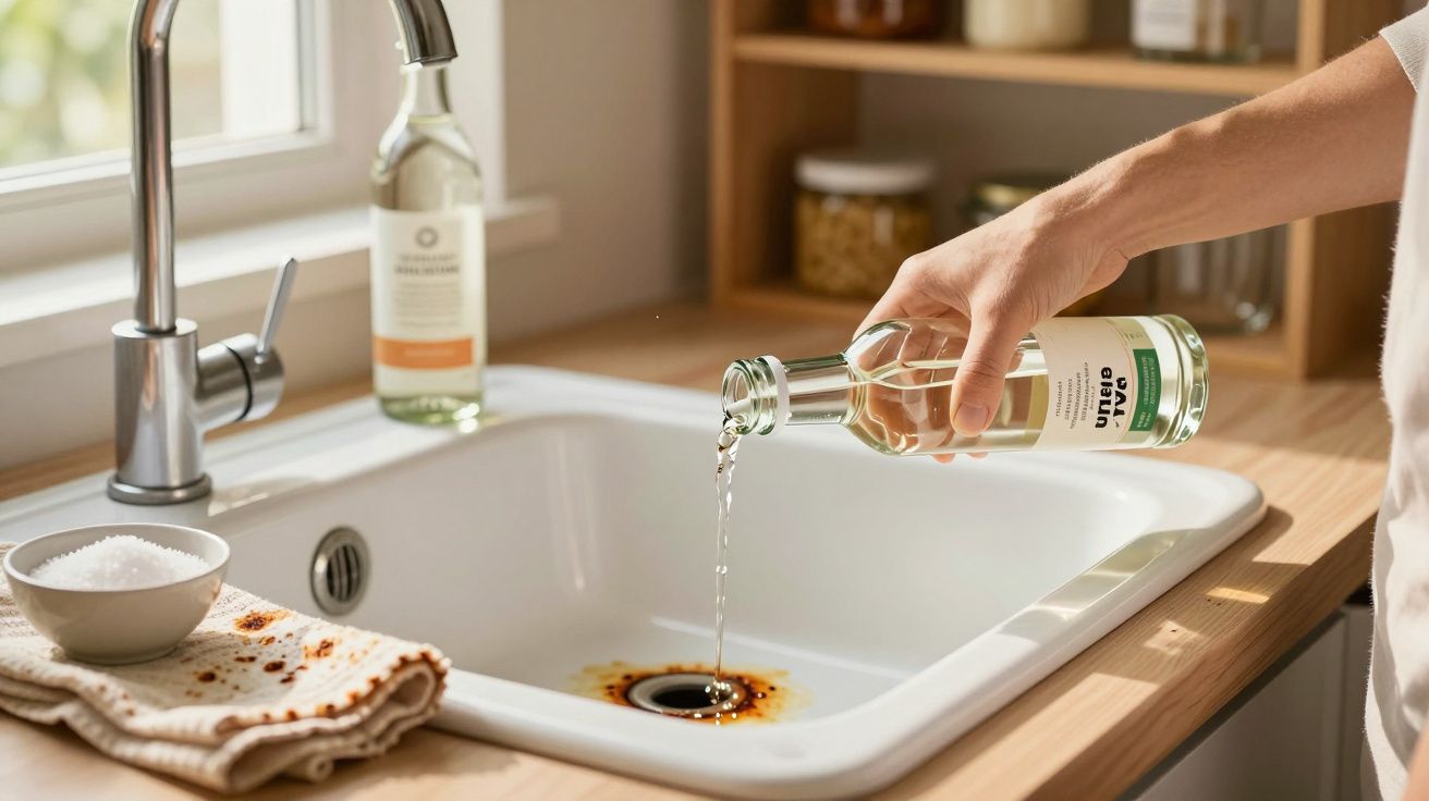Pessoa despejando líquido de garrafa transparente na pia com mancha escura e tigela com sal ao lado.