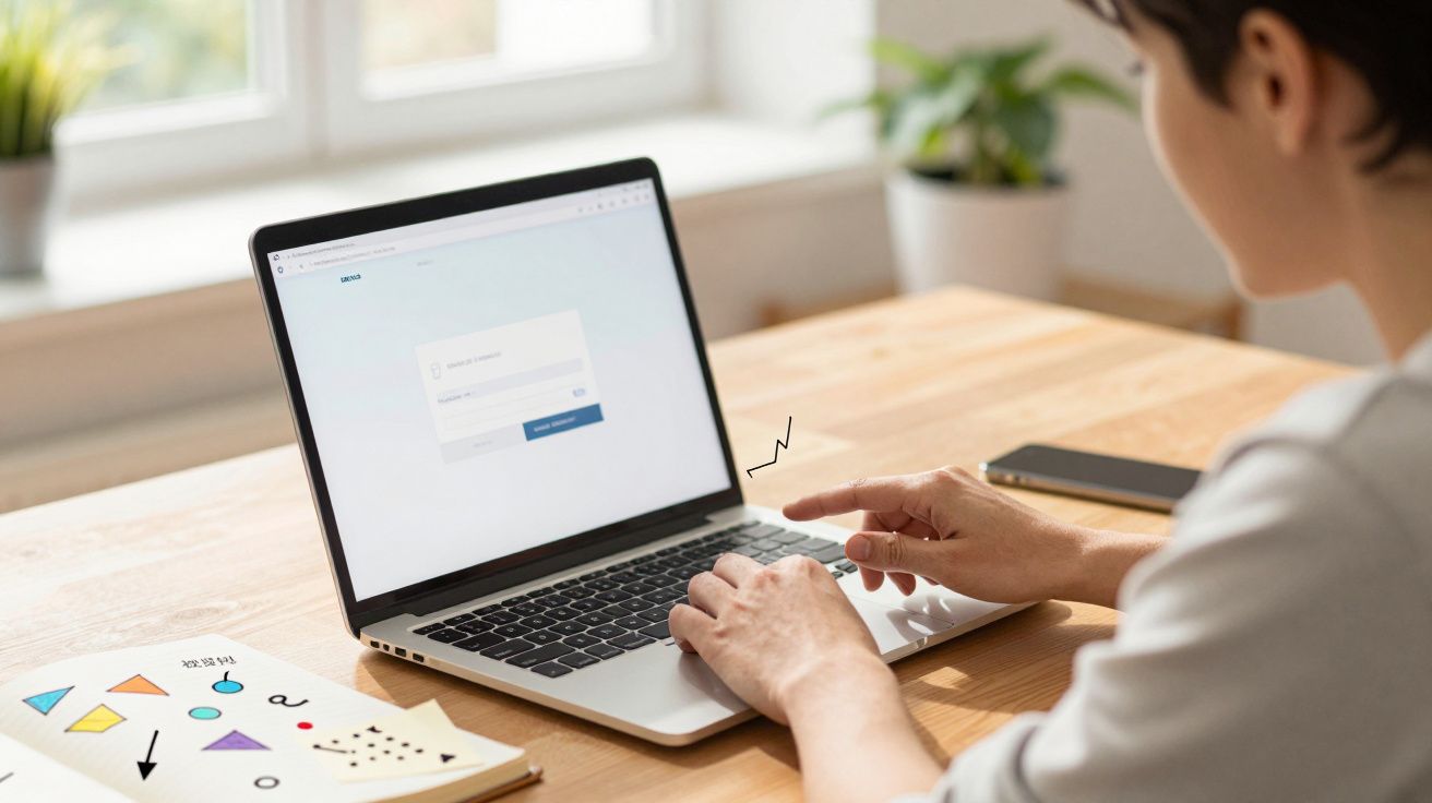 Pessoa digitando na área de login de um site em notebook sobre mesa de madeira com celular e caderno colorido.