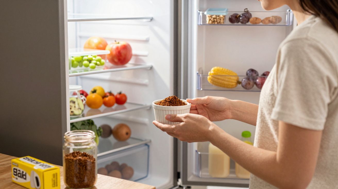 Pessoa segurando tigela com café moído em frente à geladeira aberta cheia de frutas e vegetais.