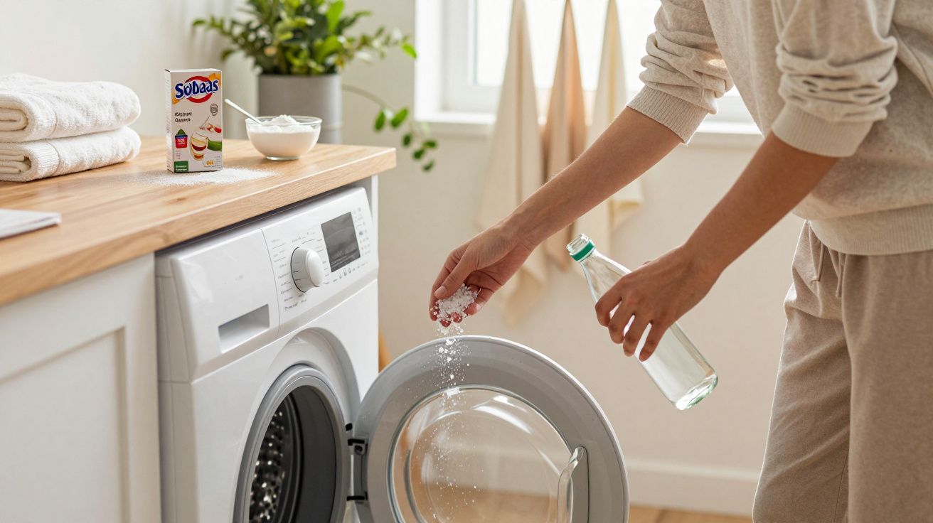 Pessoa colocando bicarbonato de sódio na máquina de lavar roupas em área de lavanderia iluminada.