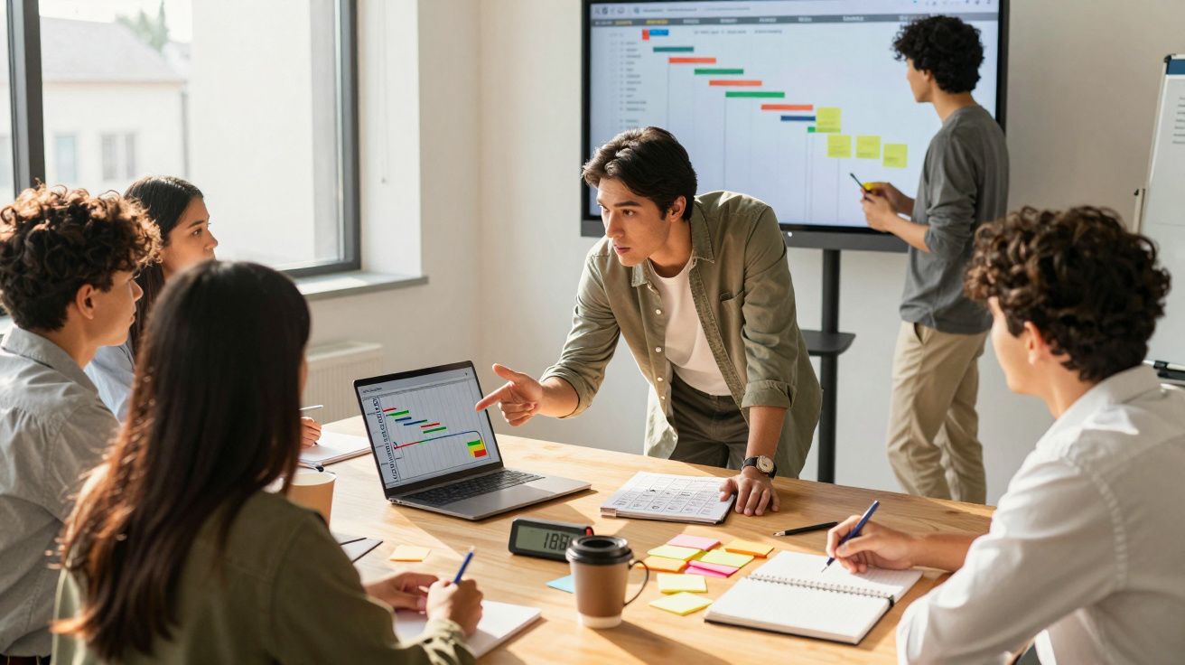 Equipe em reunião com laptop e tela grande exibindo gráfico de projeto, discutindo planejamento e anotações.