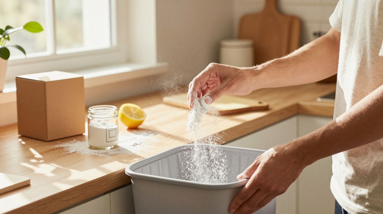 Pessoa polvilhando bicarbonato de sódio em uma lixeira em cozinha iluminada pelo sol.