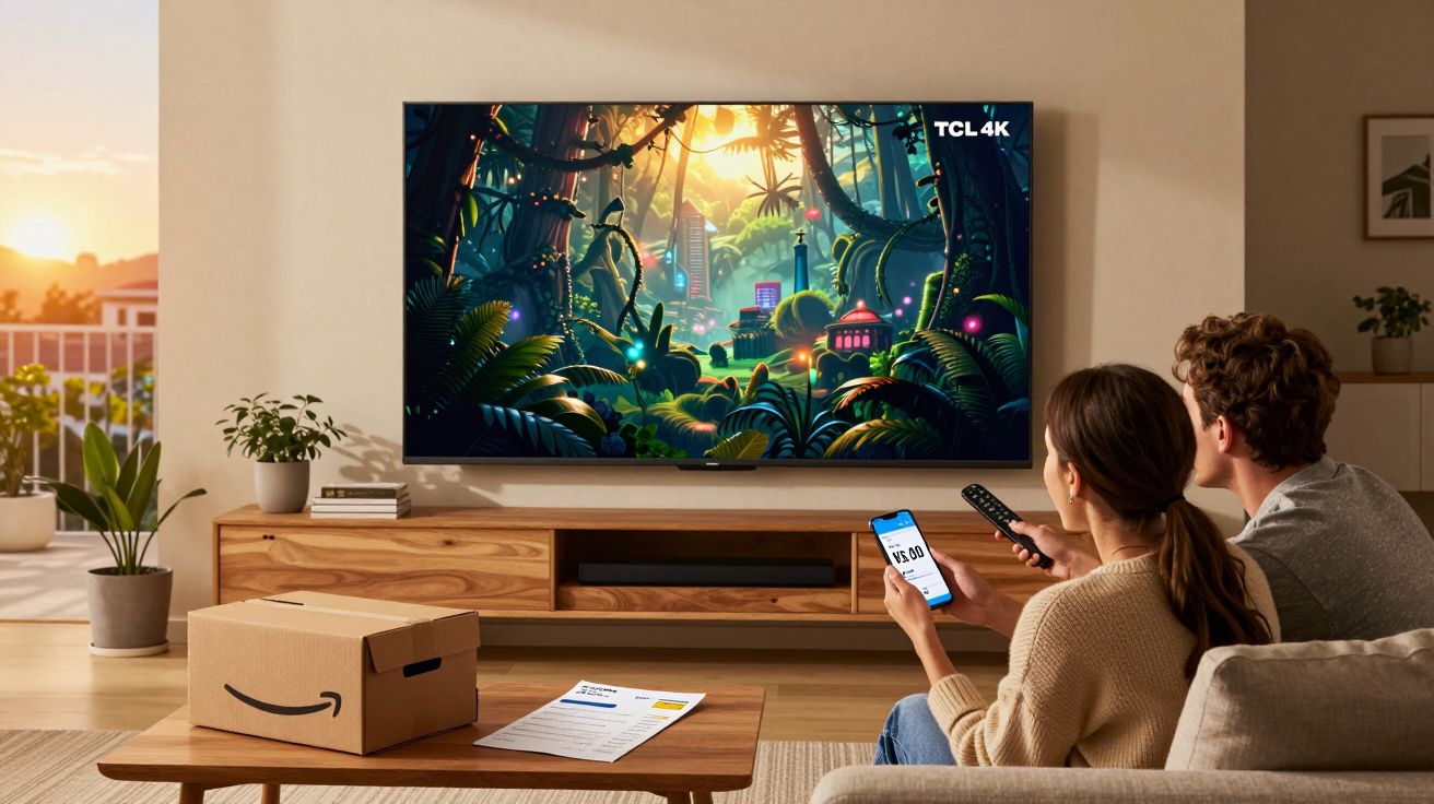 Casal sentado no sofá assistindo TV 4K com paisagem tropical digital, caixa da Amazon na mesa e celular na mão.