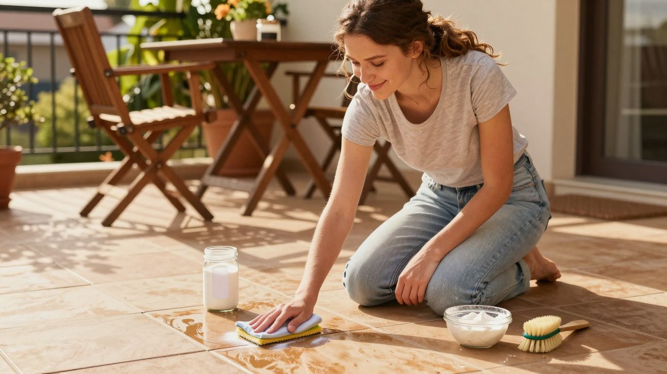 Mulher ajoelhada limpando piso de cerâmica com esponja em varanda ensolarada.