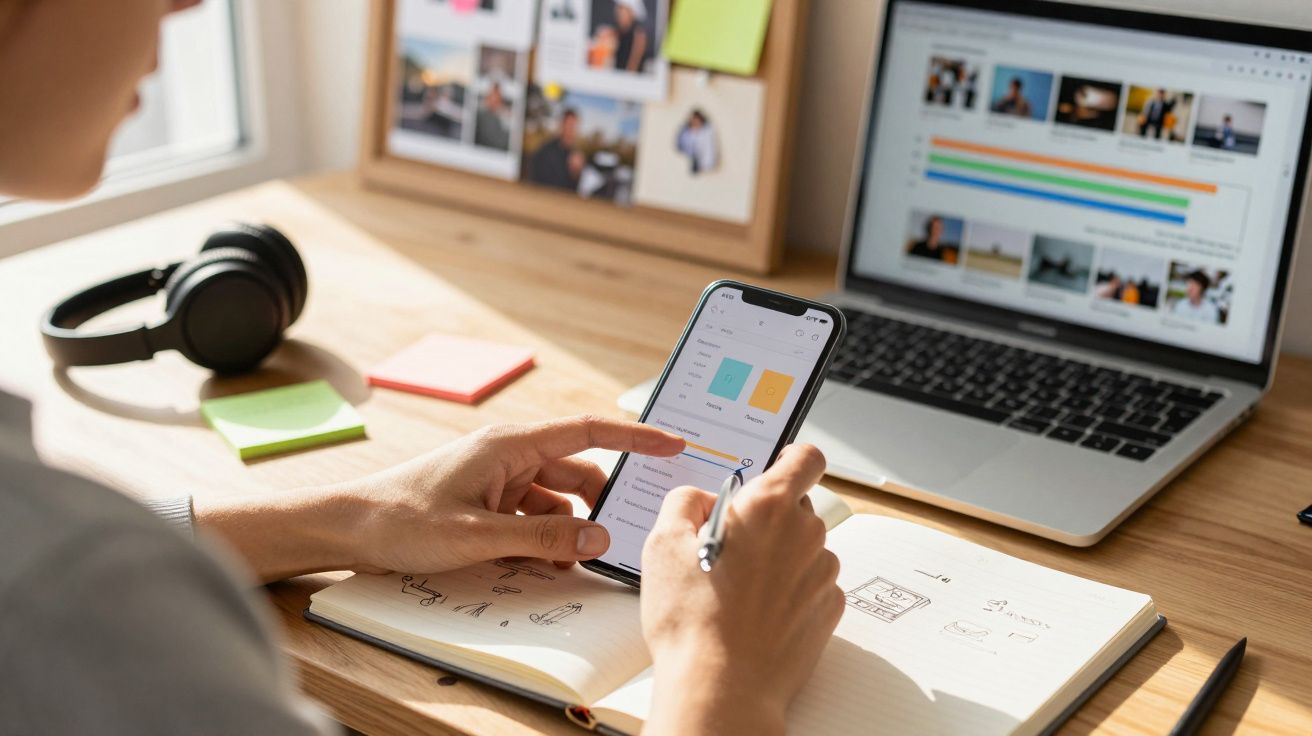 Pessoa usando celular e computador para analisar gráficos, com anotações em caderno sobre a mesa de madeira.