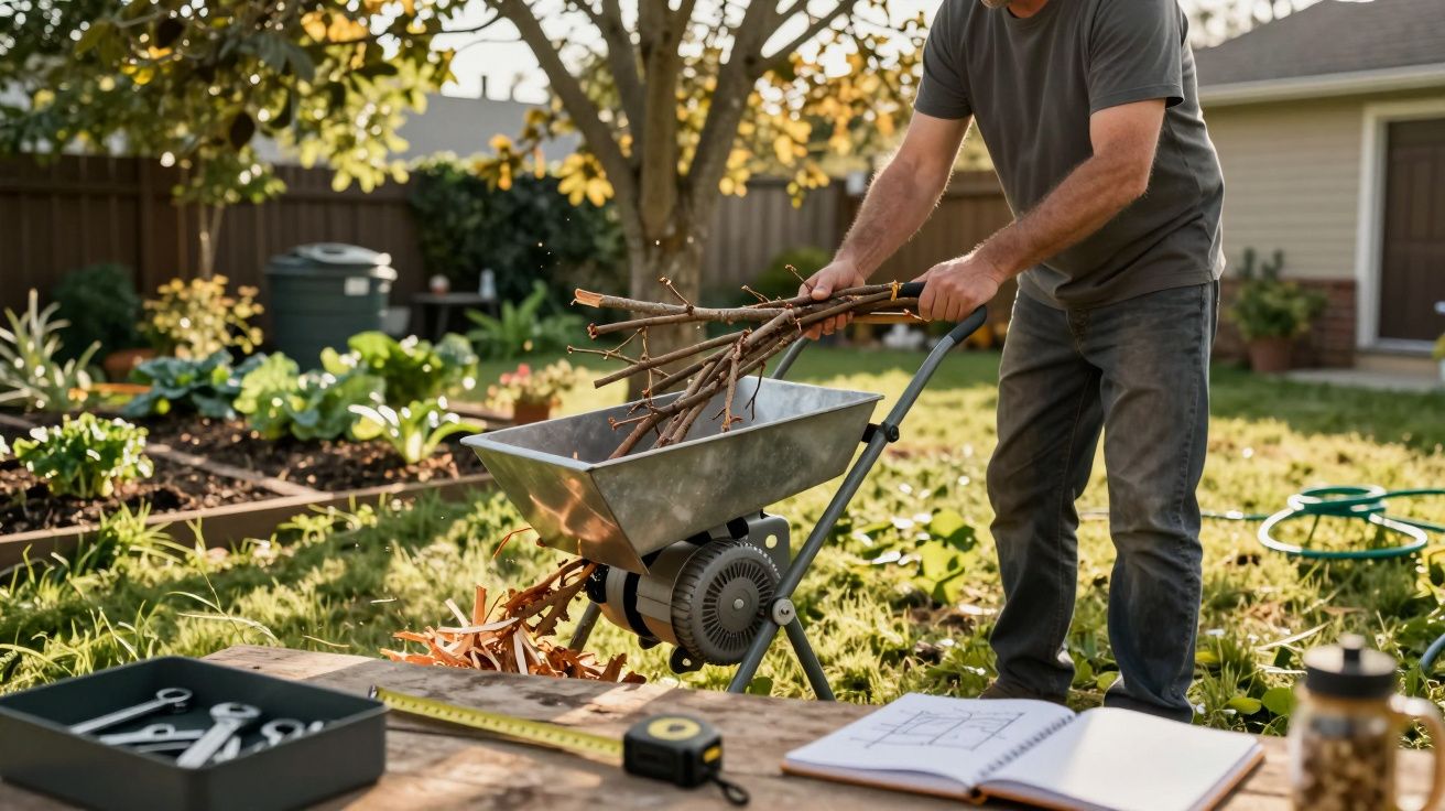 Homem colocando galhos em triturador de jardim em área externa ensolarada.