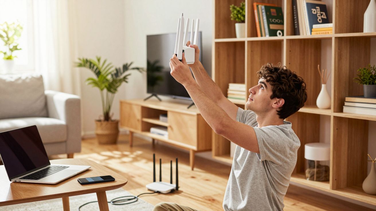 Jovem ajustando antenas de roteador branco em sala de estar com decoração moderna e laptop na mesa.