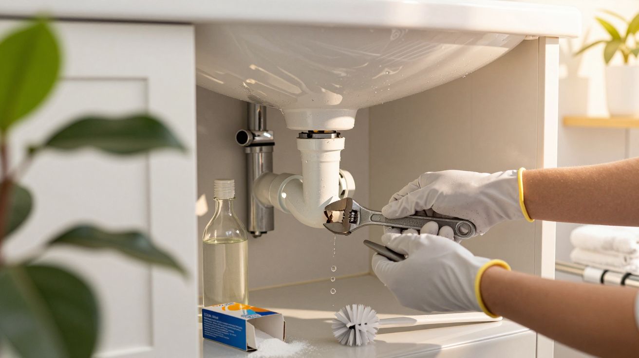 Mãos com luvas ajustam cano do ralo de pia branca usando chave inglesa em ambiente claro e organizado.