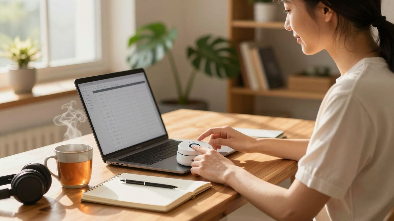 Mulher usando dispositivo de realidade virtual junto a notebook, caderno, fones e xícara com chá na mesa.