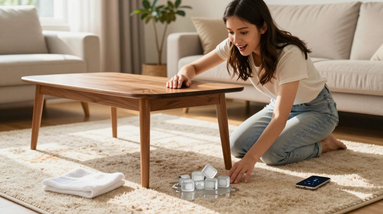 Mulher sorridente ao lado de mesa de madeira pegando cubos de gelo no tapete da sala.