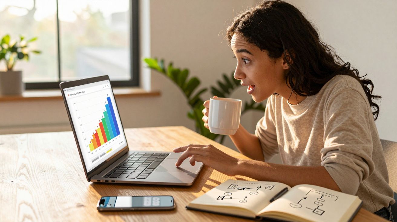 Mulher analisando gráfico colorido em laptop enquanto segura caneca e estuda anotações em caderno aberto.
