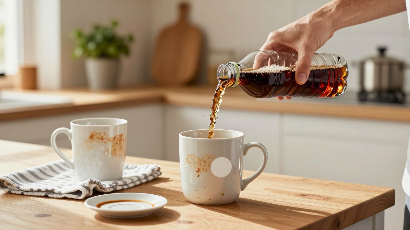 Pessoa servindo café em xícara branca sobre mesa de madeira em cozinha iluminada.