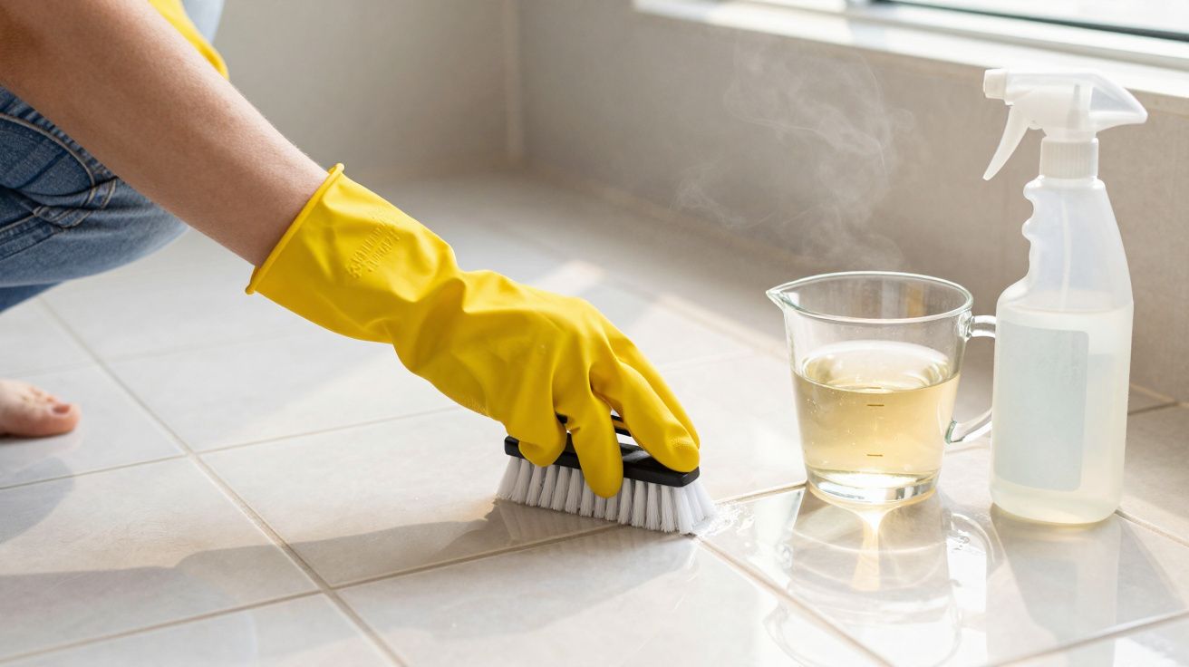 Pessoa usando luva amarela limpando piso de azulejo com escova, perto de borrifador e copo com líquido.