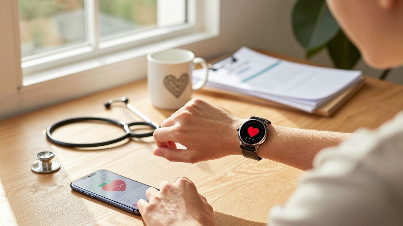 Pessoa checando batimentos cardíacos no relógio inteligente com estetoscópio e celular na mesa de madeira.
