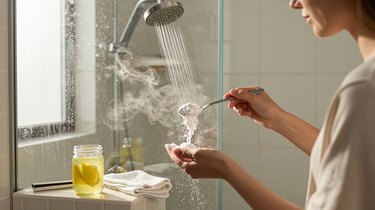 Pessoa adicionando pó branco em colher sob chuveiro com vapor em banheiro iluminado por janela.