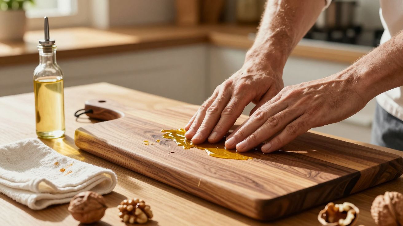 Mãos espalhando azeite em tábua de madeira em cozinha com nozes e frasco de azeite.
