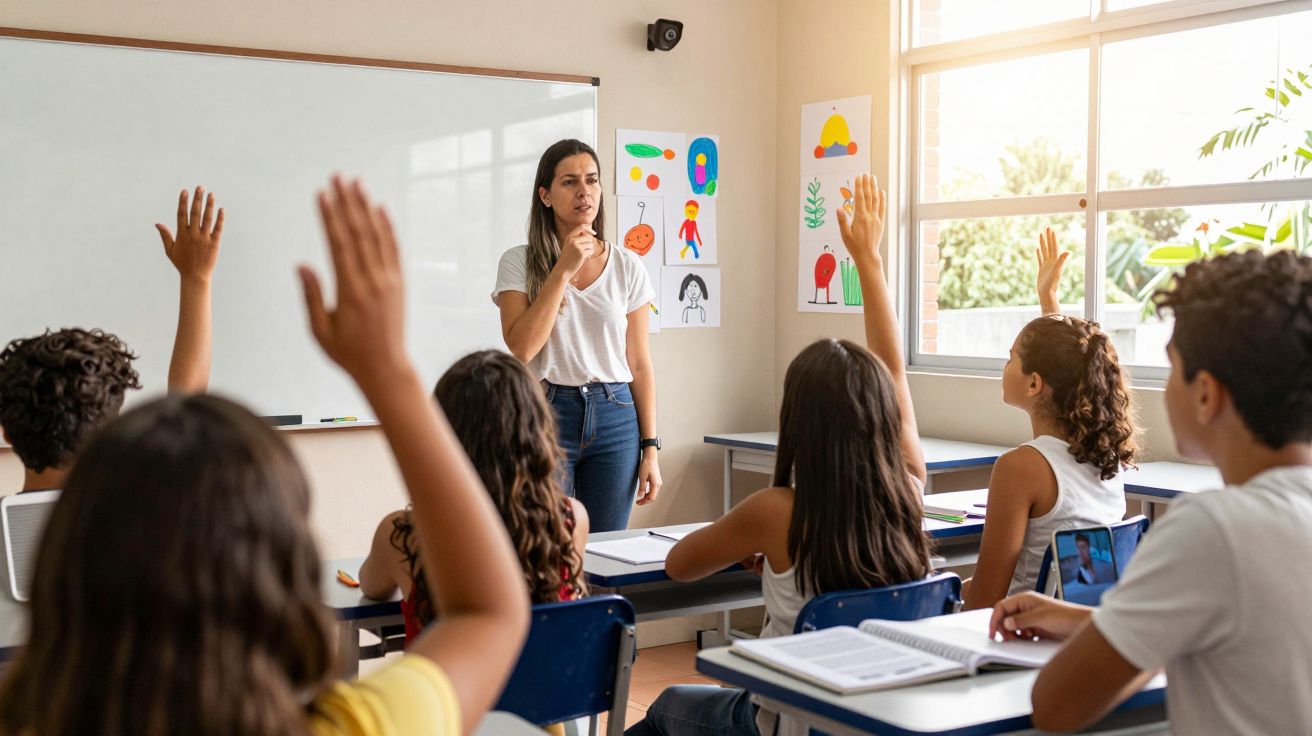 Professora ensina alunos em sala, enquanto três crianças levantam a mão para participar da aula.