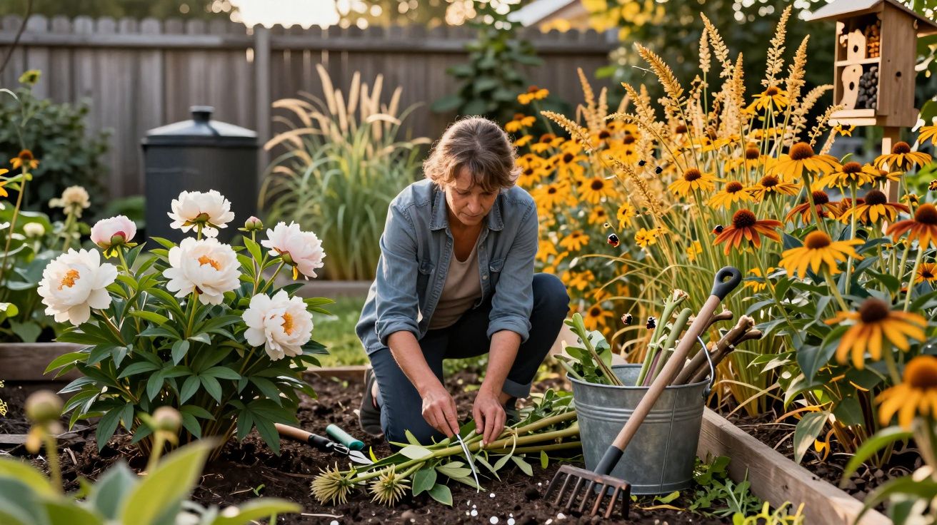 Mulher cuidando de flores em canteiro de jardim ao ar livre com ferramentas de jardinagem.