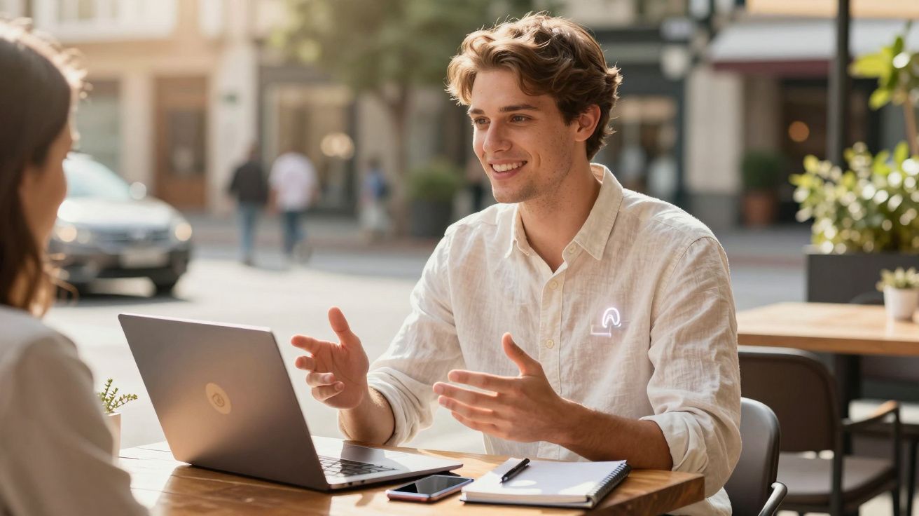 Jovem conversando animadamente com outra pessoa em mesa ao ar livre, com notebook, caderno e celular.