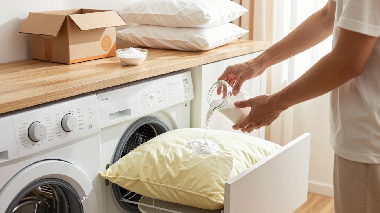 Pessoa despejando pó de bicarbonato de sódio em travesseiro amarelo próximo à máquina de lavar roupa branca.