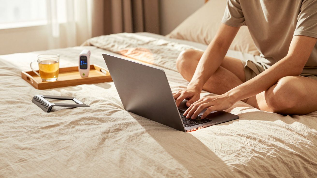 Pessoa usando laptop sentada na cama com bandeja contendo copo de chá e oxímetro ao fundo.