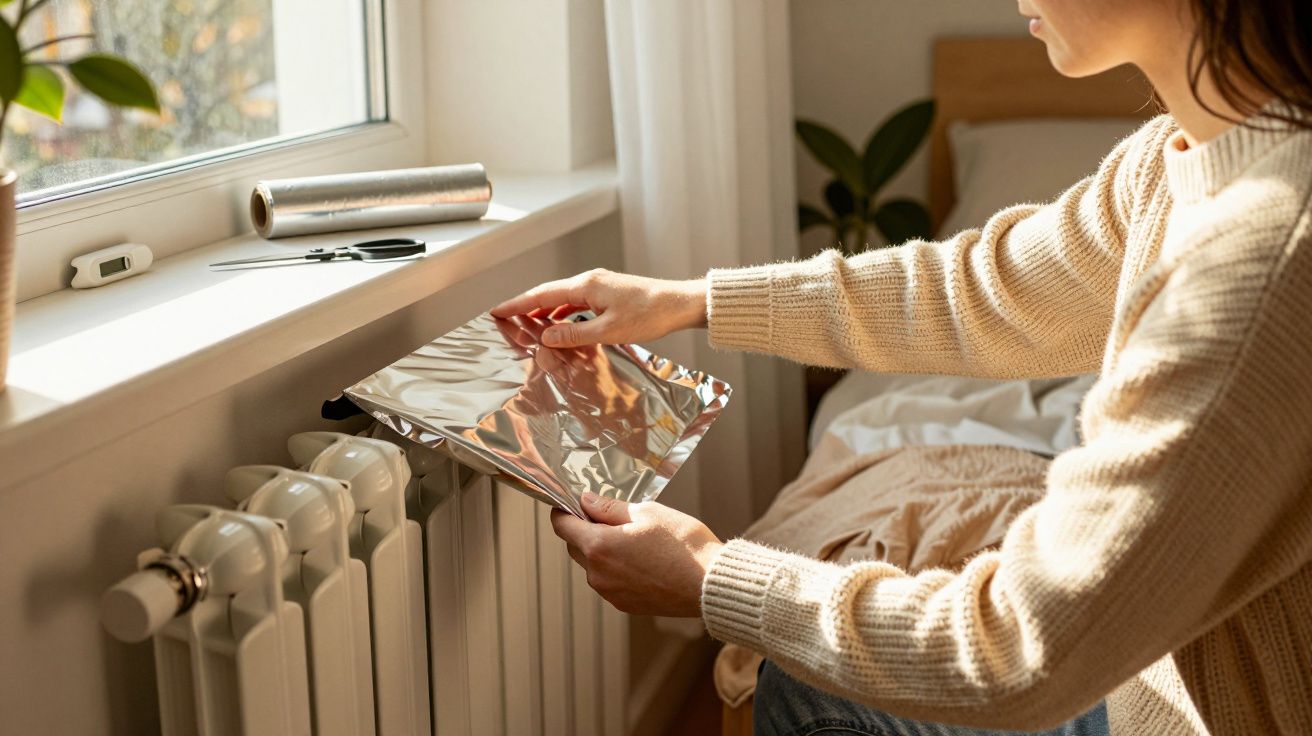 Pessoa colocando folha de alumínio sobre radiador para conservar calor em ambiente interno.