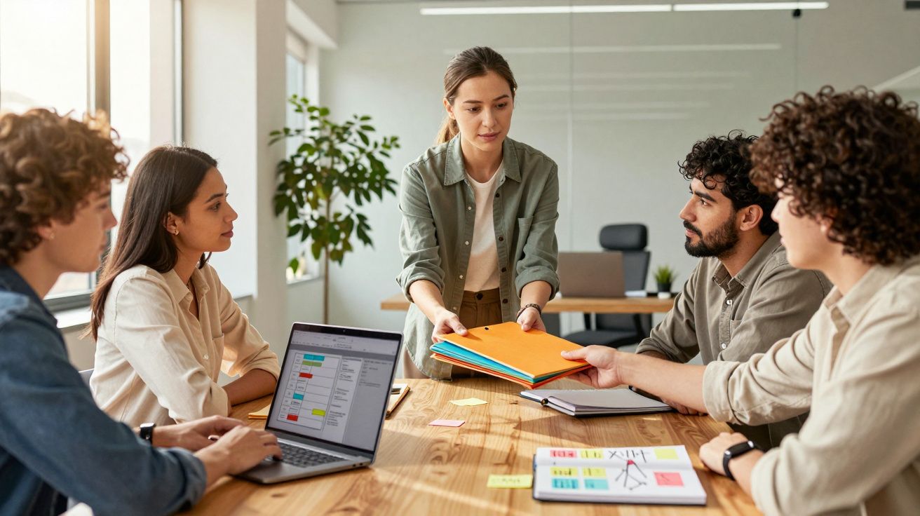 Grupo de jovens em reunião de trabalho trocando documentos em sala moderna.