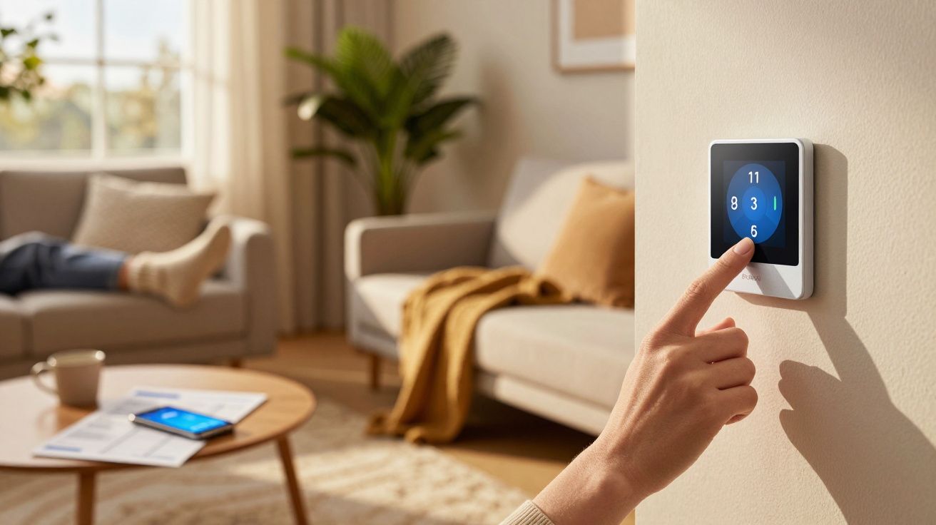 Mão ajustando termostato digital em parede de sala com sofá, planta e mesa de centro ao fundo.