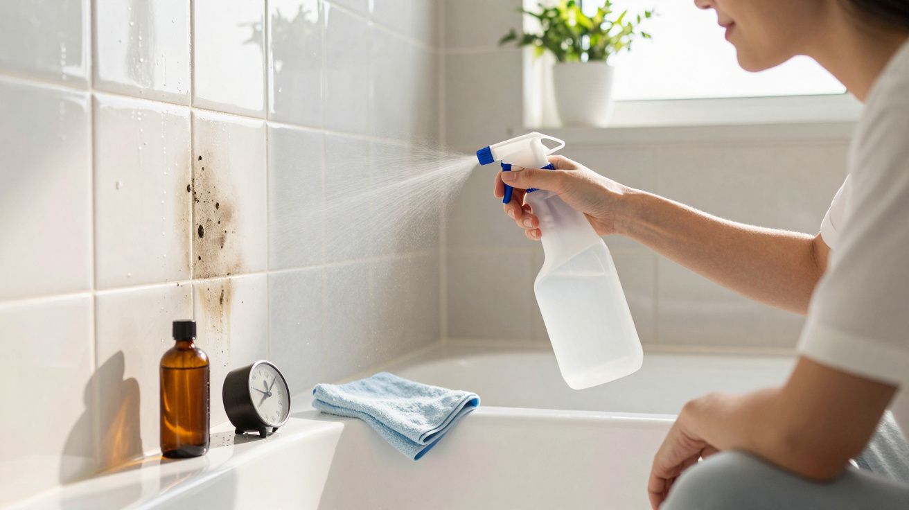 Pessoa borrifando produto de limpeza para remover mofo de azulejos em banheiro iluminado por janela.