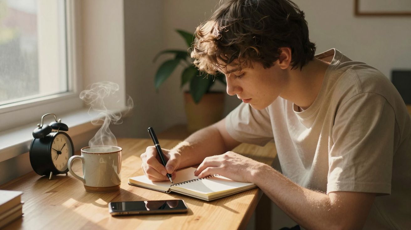 Jovem escrevendo em caderno à mesa com café fumegante, celular e relógio preto ao lado.
