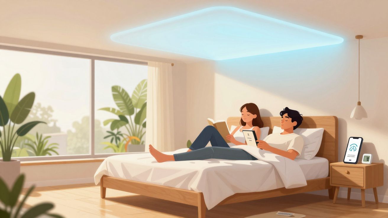 Casal relaxando na cama de quarto iluminado, ambos lendo livros, com plantas e janela grande ao fundo.
