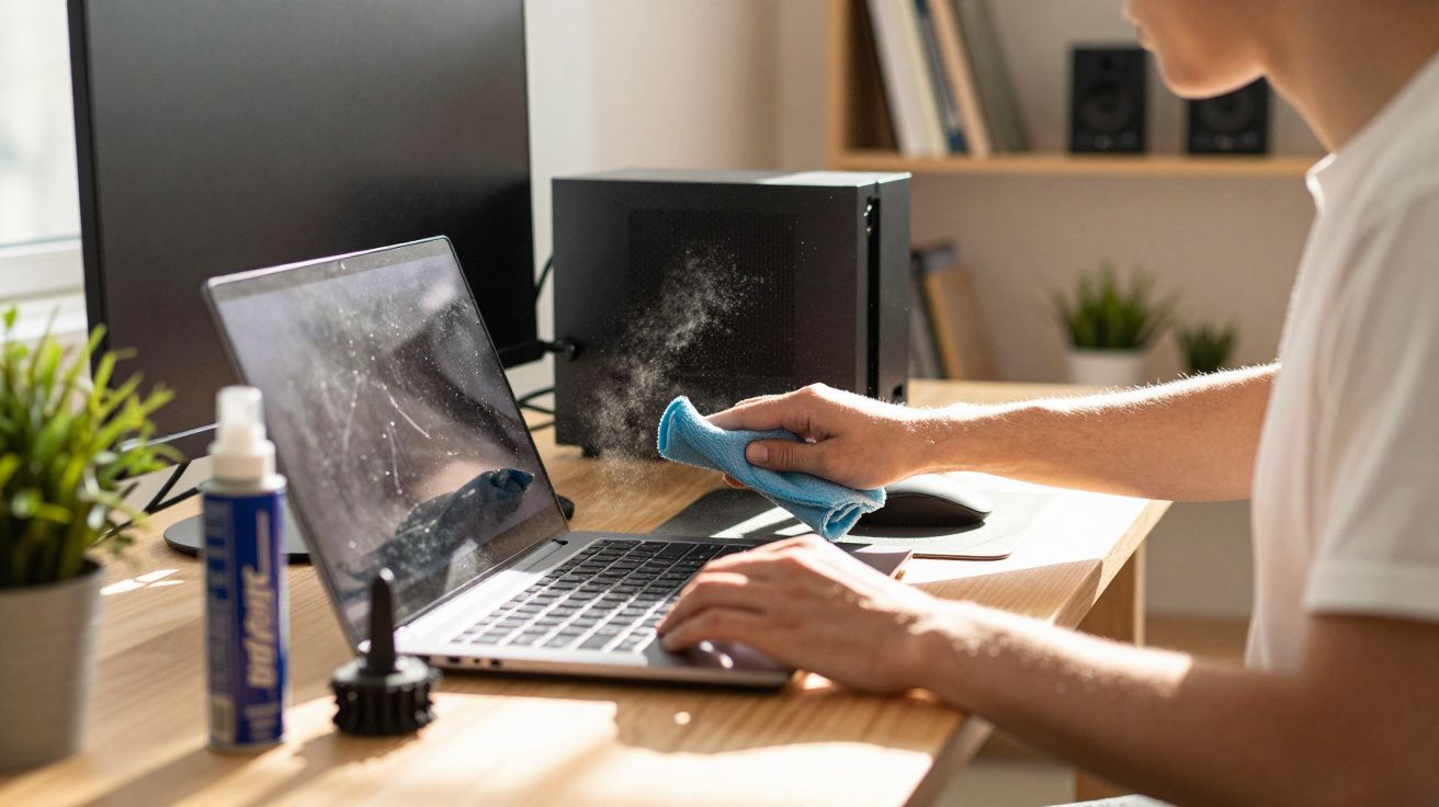 Pessoa limpando a tela de um notebook com pano azul em mesa de escritório iluminada.