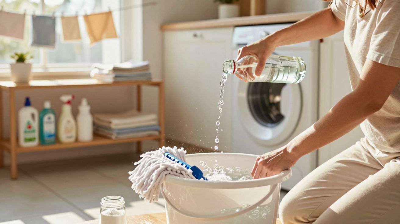 Pessoa despejando líquido em balde com esfregão branco em ambiente de lavanderia iluminado.