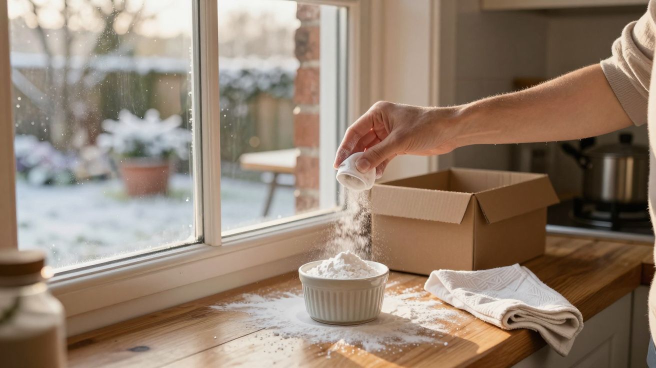 Mão polvilhando farinha branca sobre tigela ao lado de uma janela em cozinha iluminada natural.