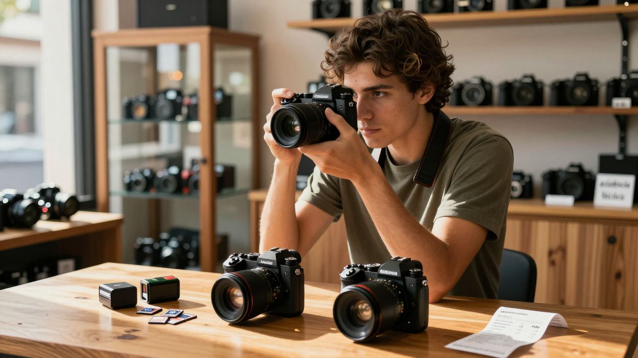 Homem jovem testando câmeras fotográficas em uma loja especializada com vários modelos expostos.