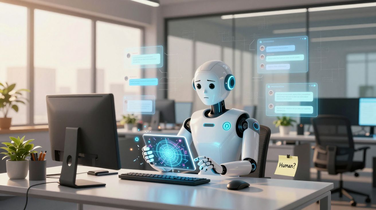 Robô com expressão pensativa usando tablet holográfico em escritório moderno com mensagens flutuantes.