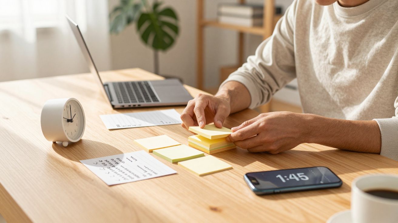 Pessoa organizando notas adesivas em mesa com laptop, relógio, celular e café em ambiente iluminado.