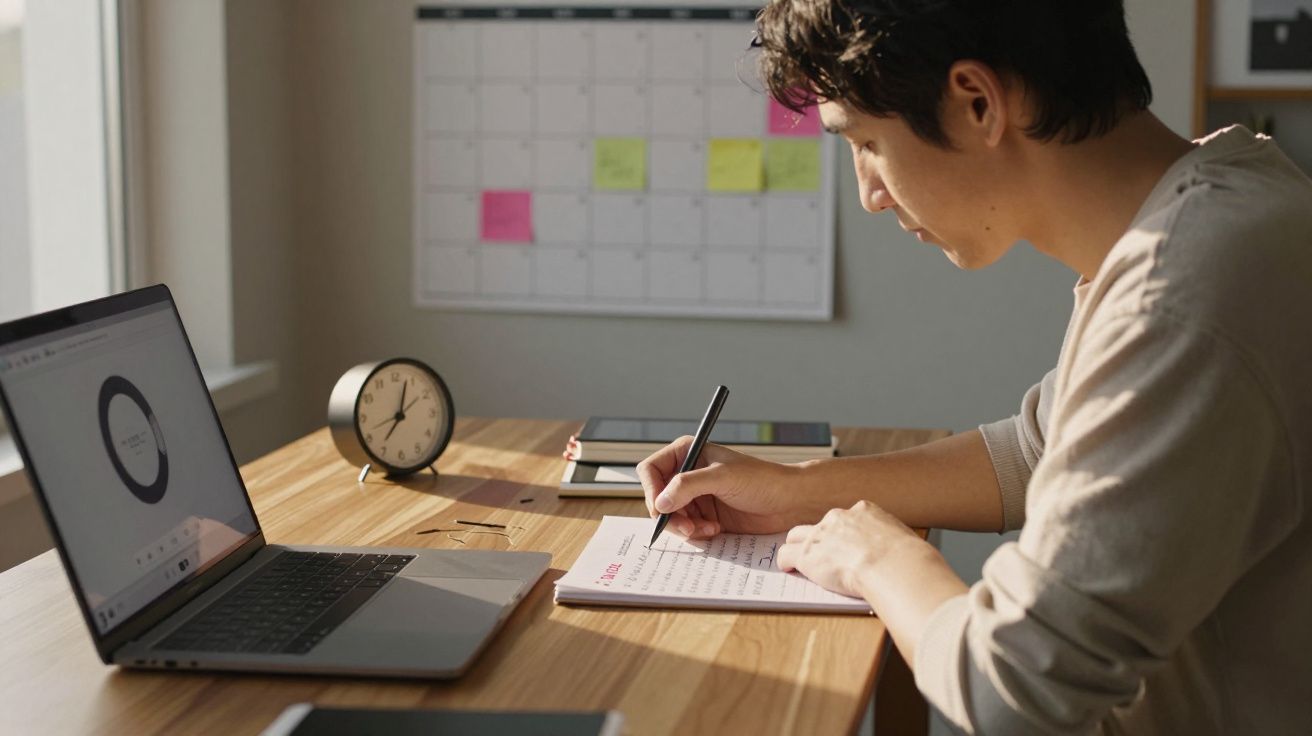 Jovem escrevendo em caderno sentado à mesa com laptop, relógio e calendário ao fundo.