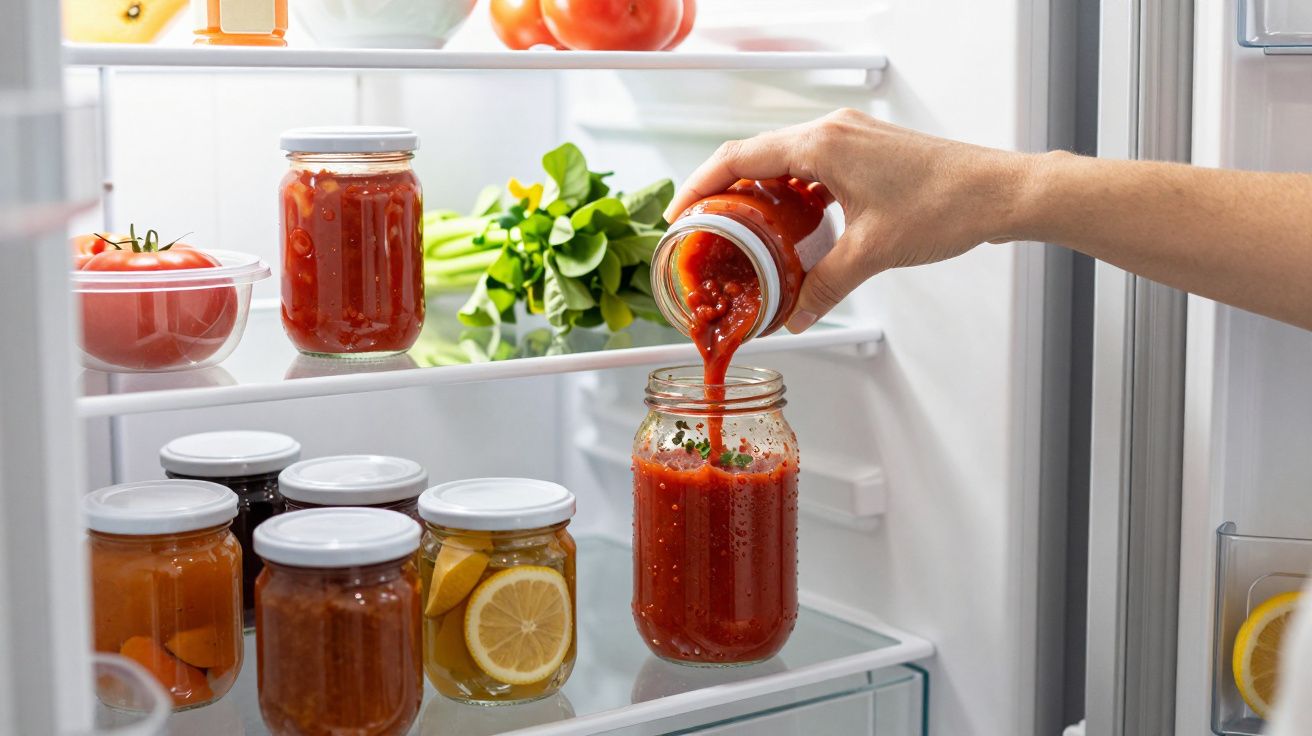 Mão despejando molho de tomate caseiro em pote no refrigerador com vários potes coloridos.