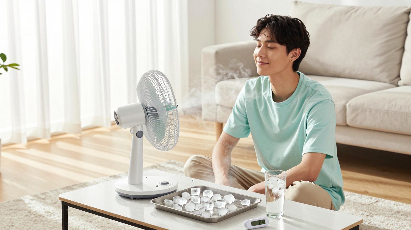 Homem sentado no chão diante de ventilador com bandeja de gelo derretendo e copo d’água na mesa da sala.