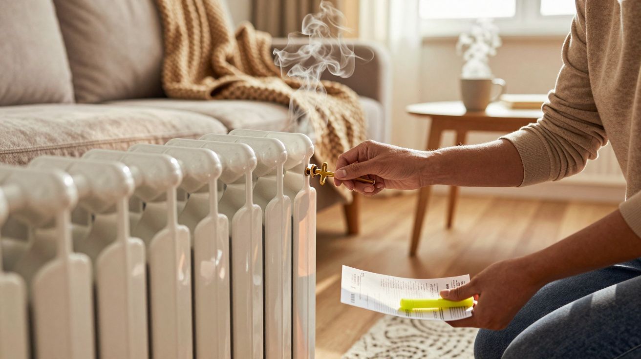 Pessoa ajustando aquecedor a gás em sala de estar aconchegante com sofá e mesa de centro ao fundo.