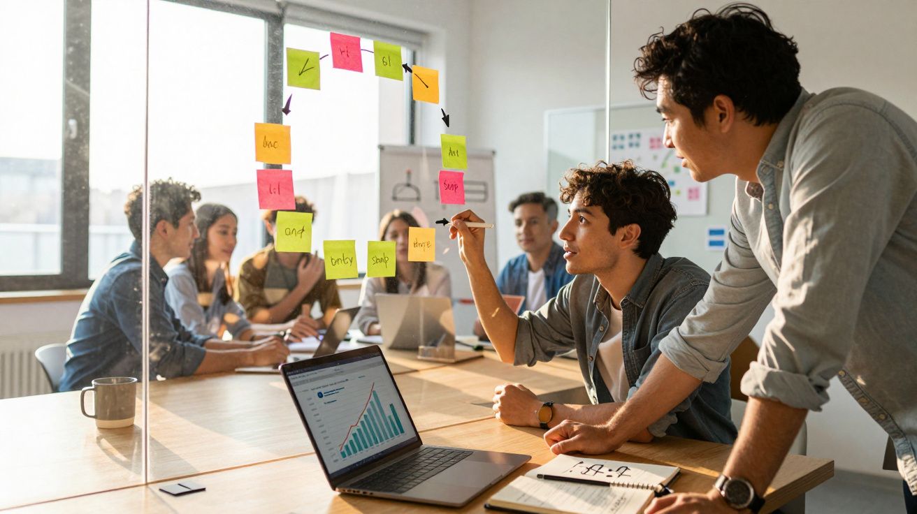 Grupo de jovens em reunião de trabalho, discutindo ideias com post-its coloridos em vidro e laptop com gráfico.