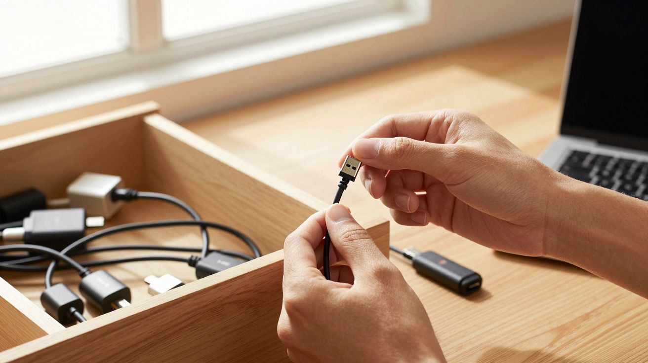 Mãos segurando cabo USB próximo a caixa organizadora com cabos e adaptadores eletrônicos em mesa de madeira.