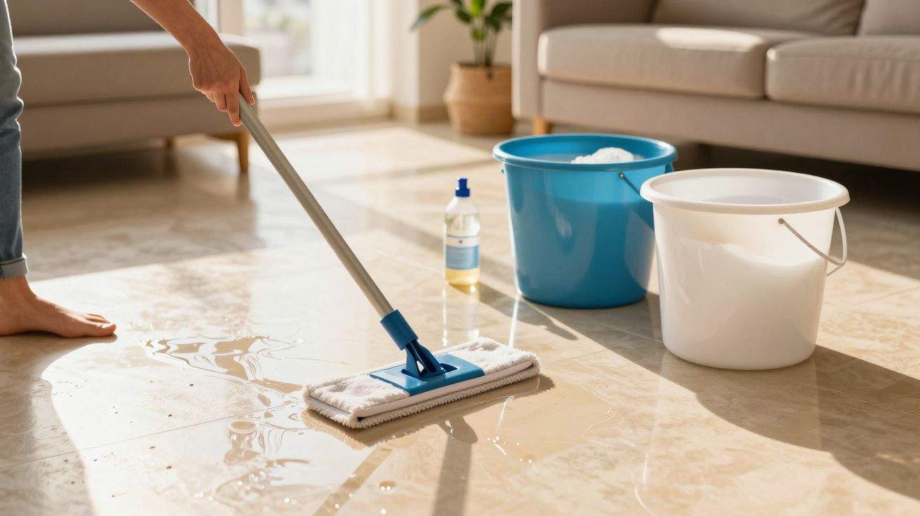 Pessoa limpando chão de cimento com rodo, dois baldes e garrafa de produto de limpeza ao fundo.