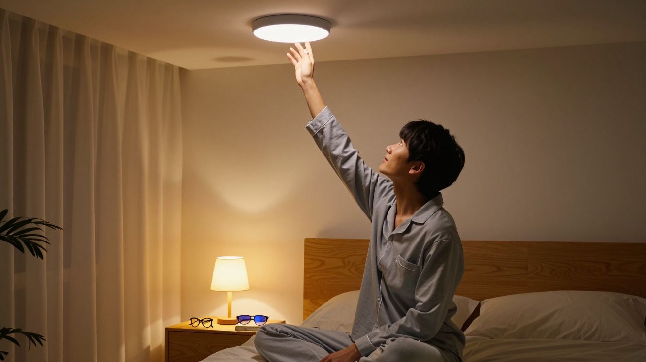 Homem em pijama sentado na cama acendendo luz de teto em quarto com abajur ligado.