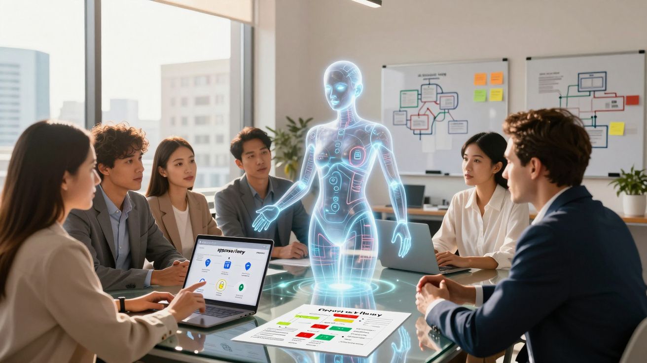Equipe de negócios reunida discutindo projeto com holograma humanoide futurista em sala moderna.