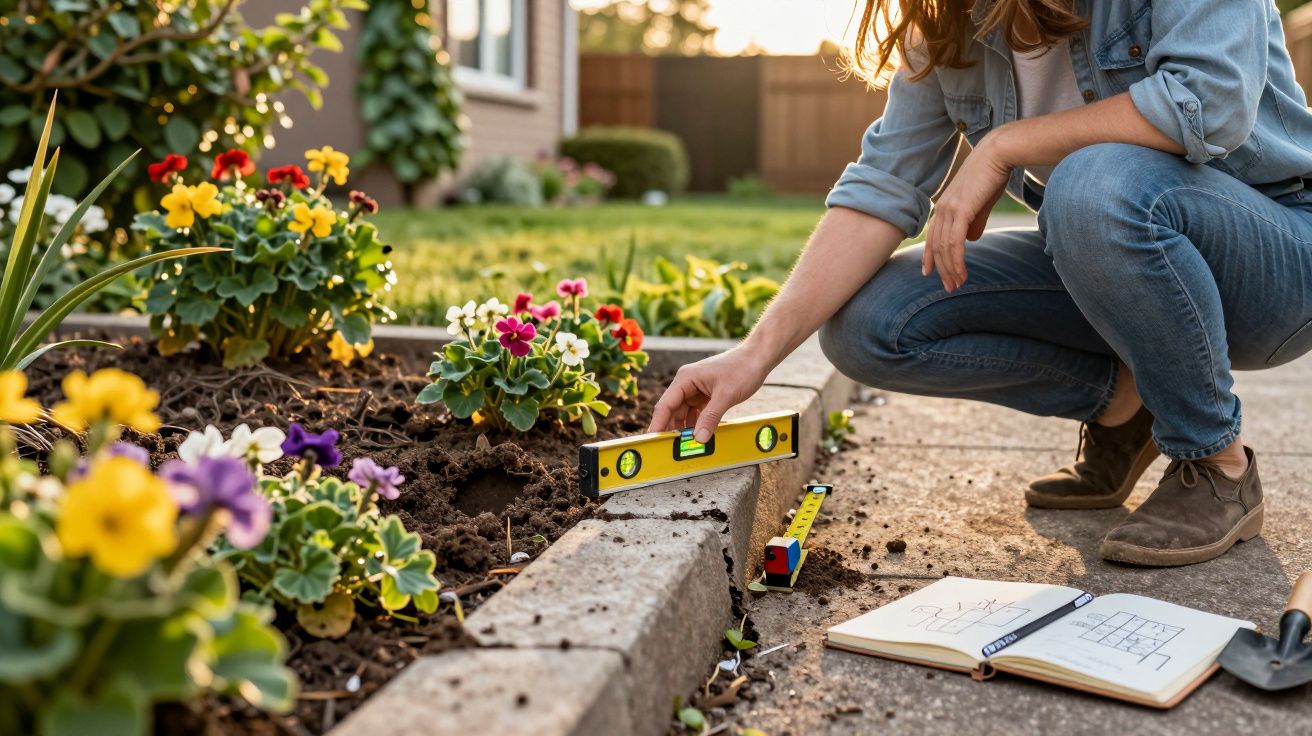 Pessoa agachada usando nível para alinhar borda de canteiro de flores no jardim durante o dia.