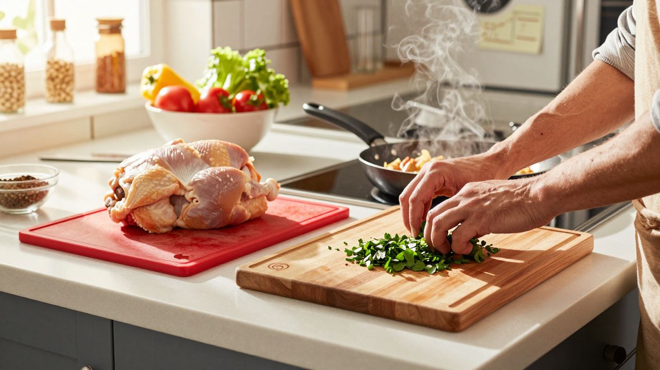 Pessoa picando ervas em tábua de madeira na cozinha, com frango cru em outra tábua ao lado.